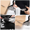 Close-up shots of tactical foldable shears being used to cut cardboard and fabric.