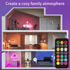 Una bombilla de luz LED con control remoto multicolor ilumina una acogedora habitación moderna.