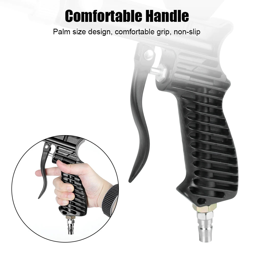 Close-up view of a pneumatic sandblasting gun handle with a palm size design and non-slip grip.