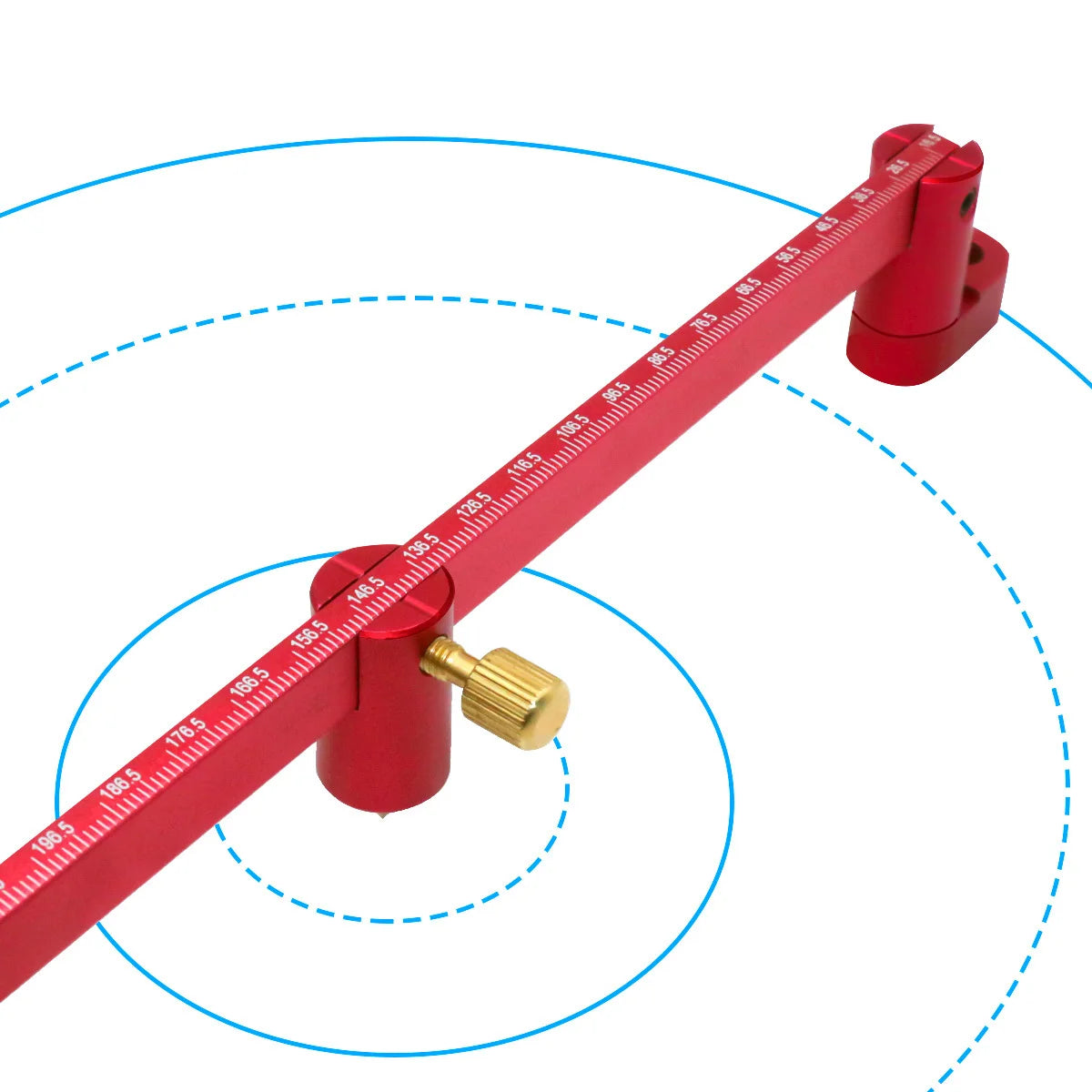 A red precision drawing circle ruler with markings and a brass adjustment knob, shown against a blue circular guide.