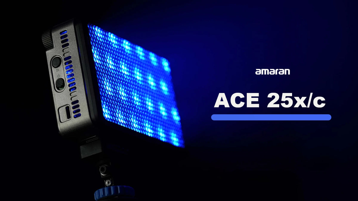 Amaran ACE 25x/c LED light kit with a bright blue light panel against a dark background.
