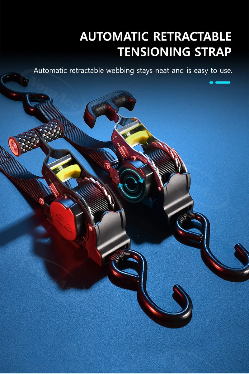 A close-up of an automatic retractable tensioning strap with red and black components resting on a blue surface.