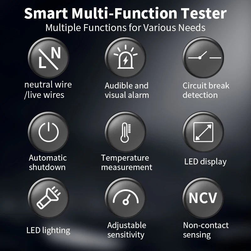 A black multi-function tester pen with various functions including neutral wire detection, alarm, circuit break detection, an