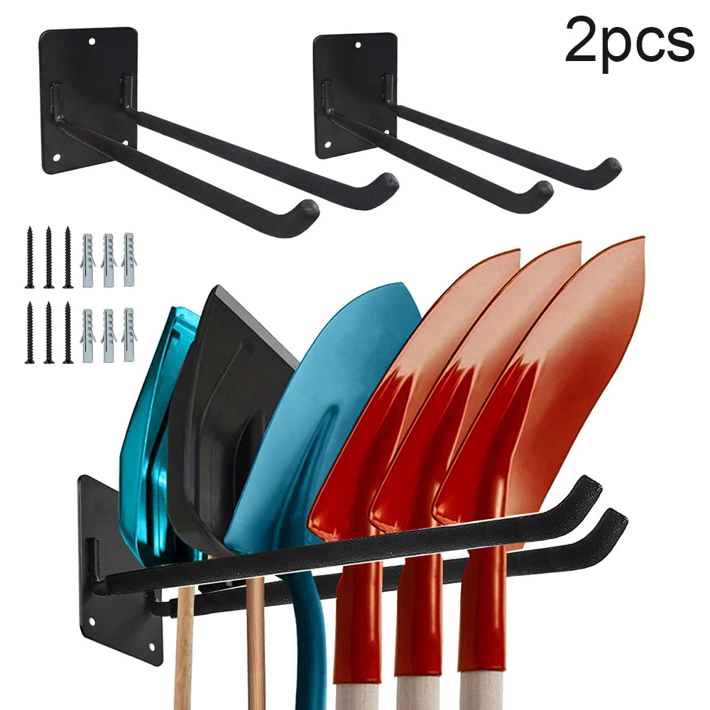 Two black heavy duty tool storage racks with multiple tool holders and various colored tools.