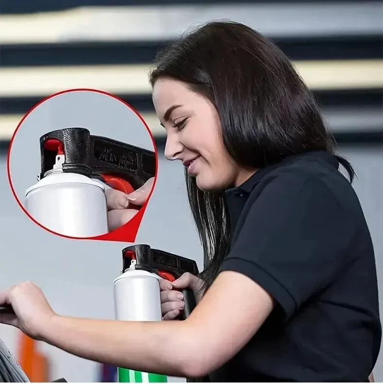 A woman is using a universal reusable spray paint handle to apply paint, with an inset showing the tool.