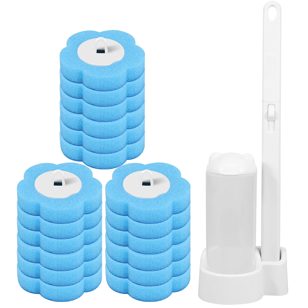 Kit de limpieza para inodoro reutilizable con cepillos de espuma azules y mango blanco.
