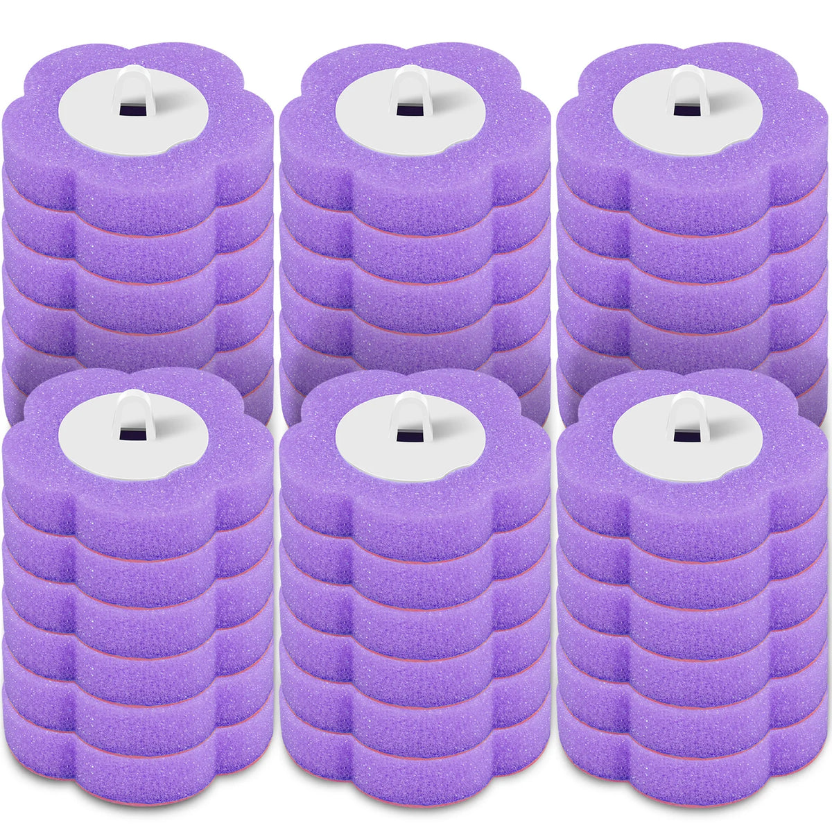 Un juego de cepillos para inodoro reutilizables morados apilados en una cuadrícula.