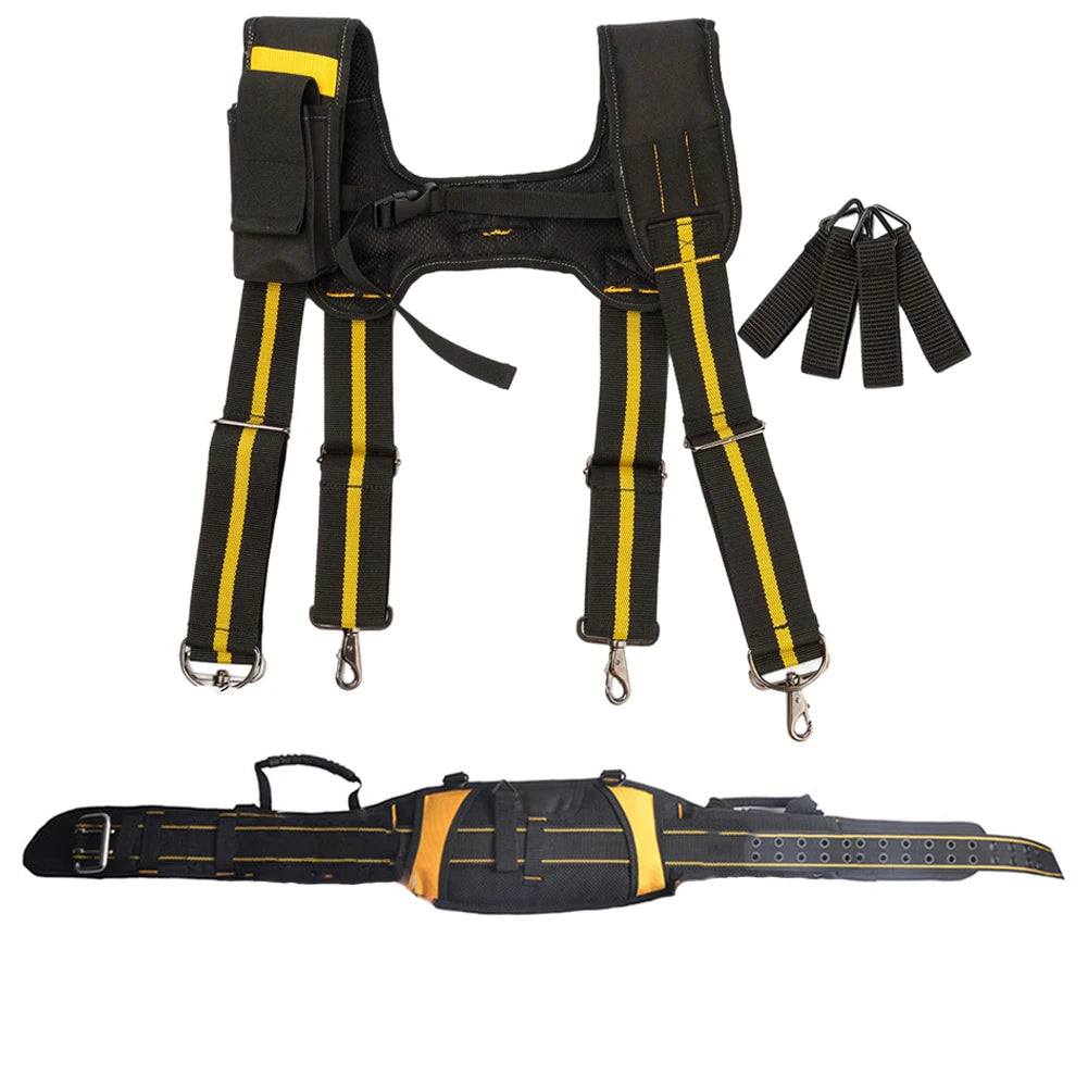 A pair of black adjustable tool belt suspenders with yellow accents and a pouch bag, shown alongside the full belt.