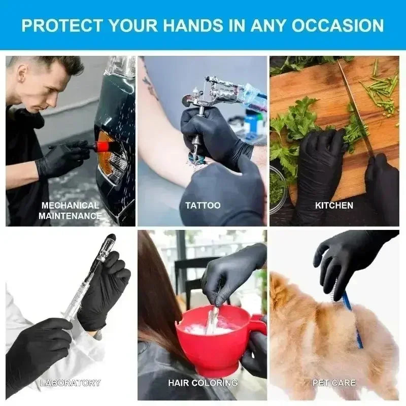A collection of images showing heavy duty disposable nitrile gloves used for mechanical maintenance, tattooing, kitchen work,