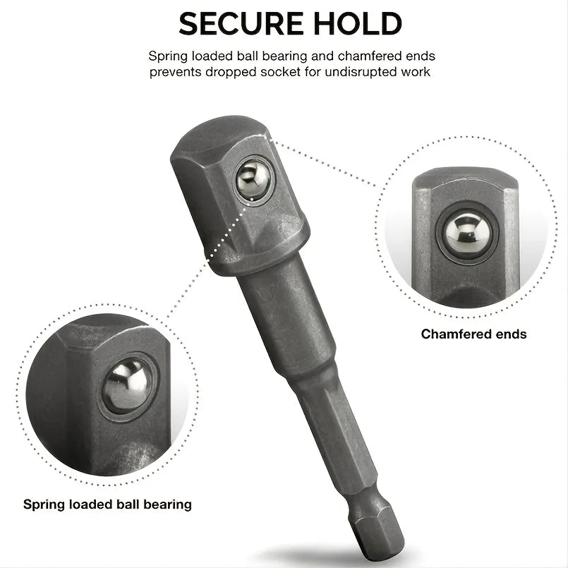 Close-up view of a secure hold drill socket adapter featuring spring loaded ball bearing and chamfered ends.