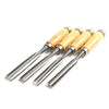 A set of wooden handles and metal blades for professional wood carving chisels.
