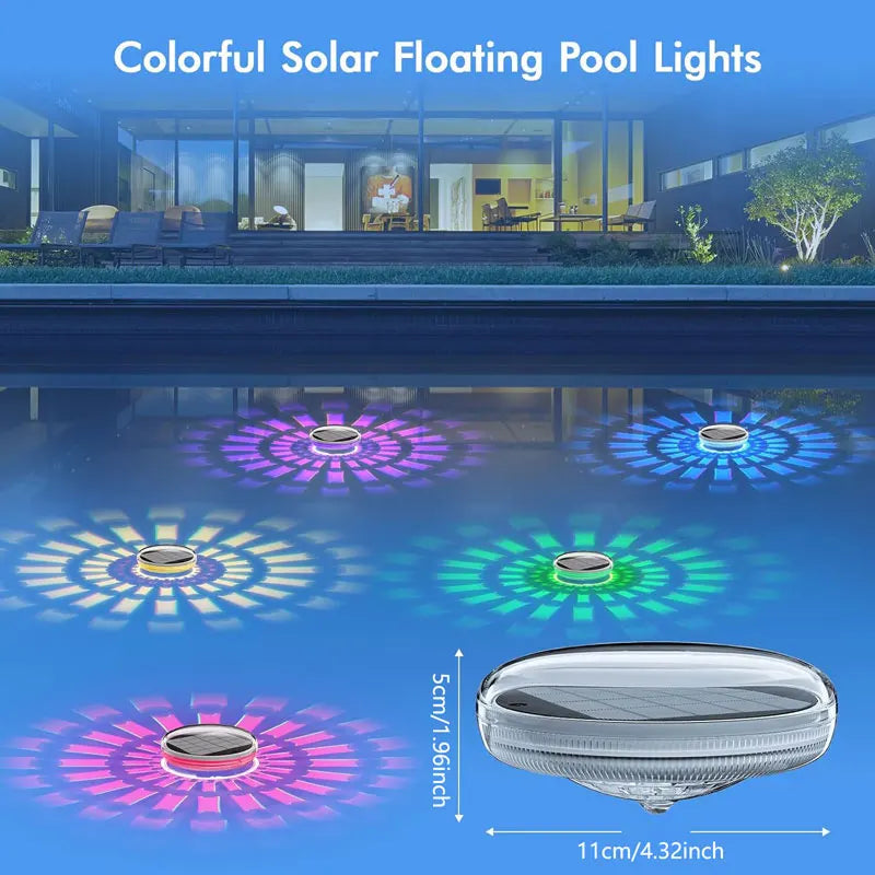 Colorful solar floating pool lights illuminating water with vibrant light patterns.