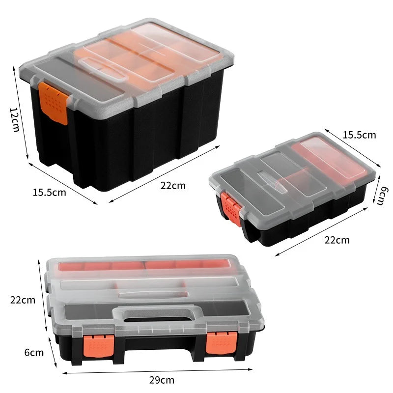 A set of durable plastic hardware organizer boxes in black and orange, shown from various angles.