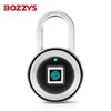 A silver smart fingerprint padlock with a black body and a circular keyhole.