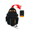 Schwarze Werkzeug-Organizer-Gürteltasche mit rotem Pfeil und orangefarbener Werkzeughalter.
