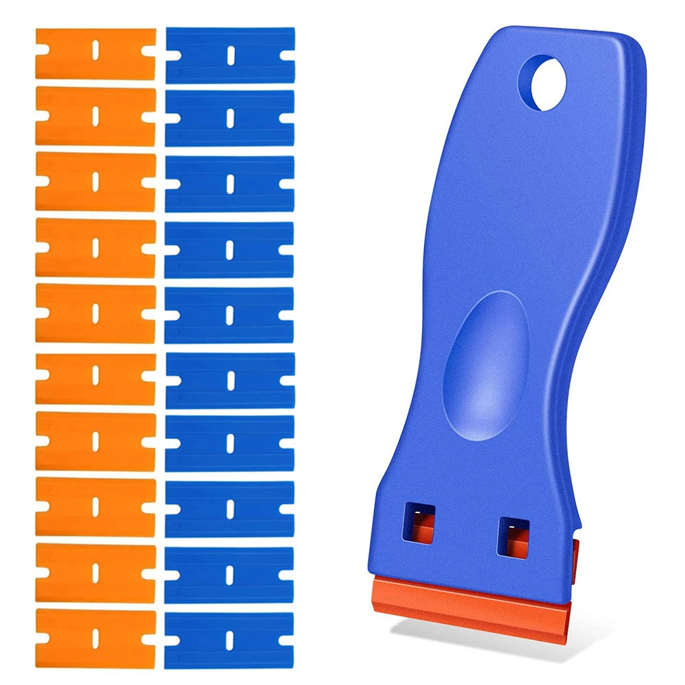 A blue plastic razor blade scraper with orange accents and multiple blades visible on the left.