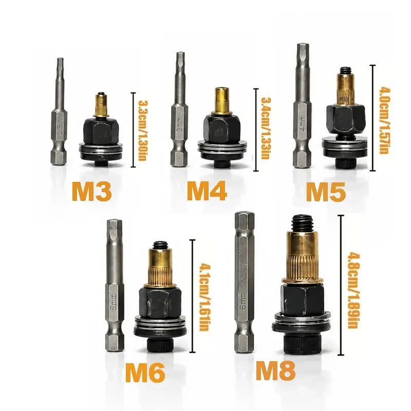 A collection of various sized M3 to M8 rivet nuts and pins displayed vertically for comparison.