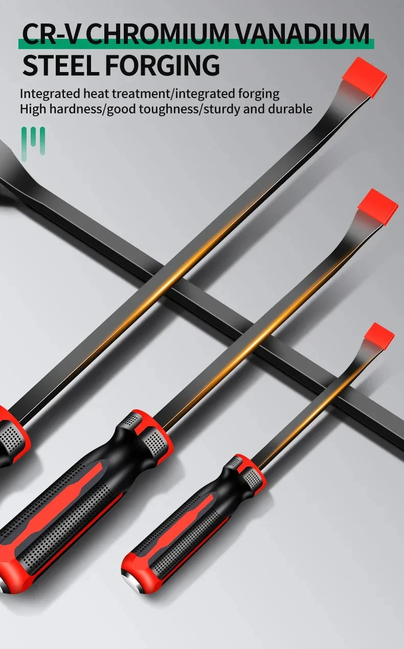 Un jeu de leviers de forge en acier au chrome vanadium CR-V avec poignées noires et rouges, sur fond gris.