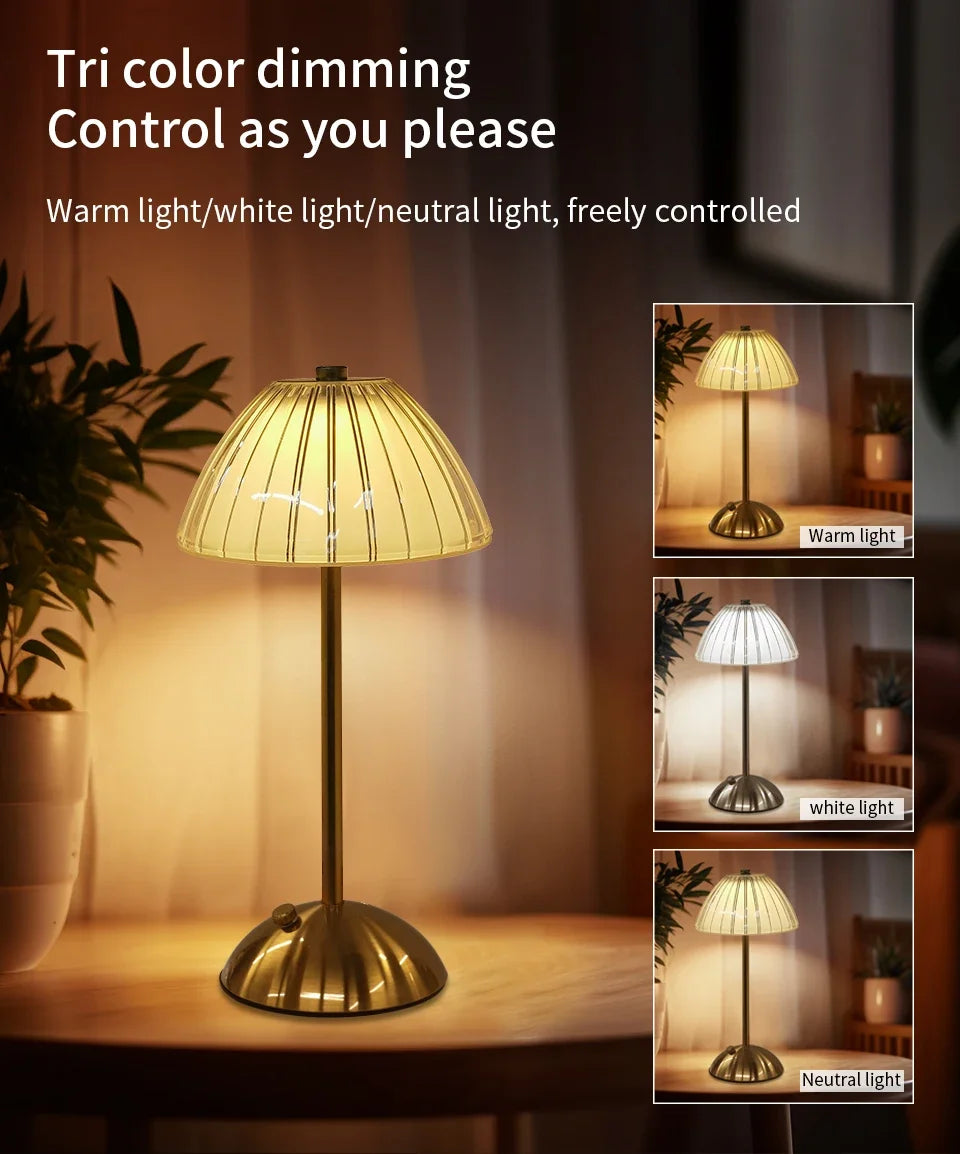 A trio of dimmable lamps showing warm, white, and neutral light options on a wooden table.