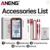 Aneng digital multimeter accessories list showing a box, multimeter, test pen line, and manual.