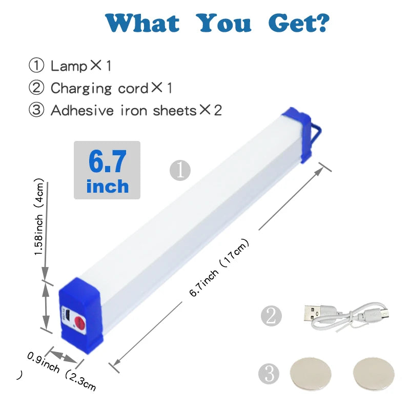 A white LED light bar with a blue casing, charging cord, and adhesive iron sheets shown next to the product.