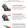 A three-step process showing how to use a crimping tool to secure wire terminals for safe and convenient connections.