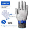 A pair of silver stainless steel anti-cut safety gloves shown next to a white glove for comparison.