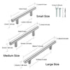 Various sizes of brushed nickel and gold cabinet handles shown with dimensions.