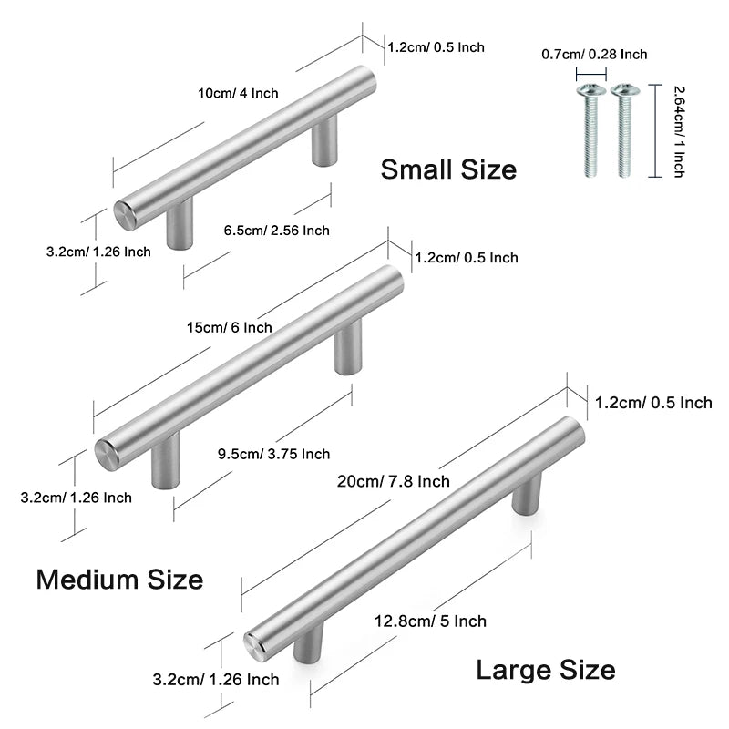 Various sizes of brushed nickel and gold cabinet handles shown with dimensions.