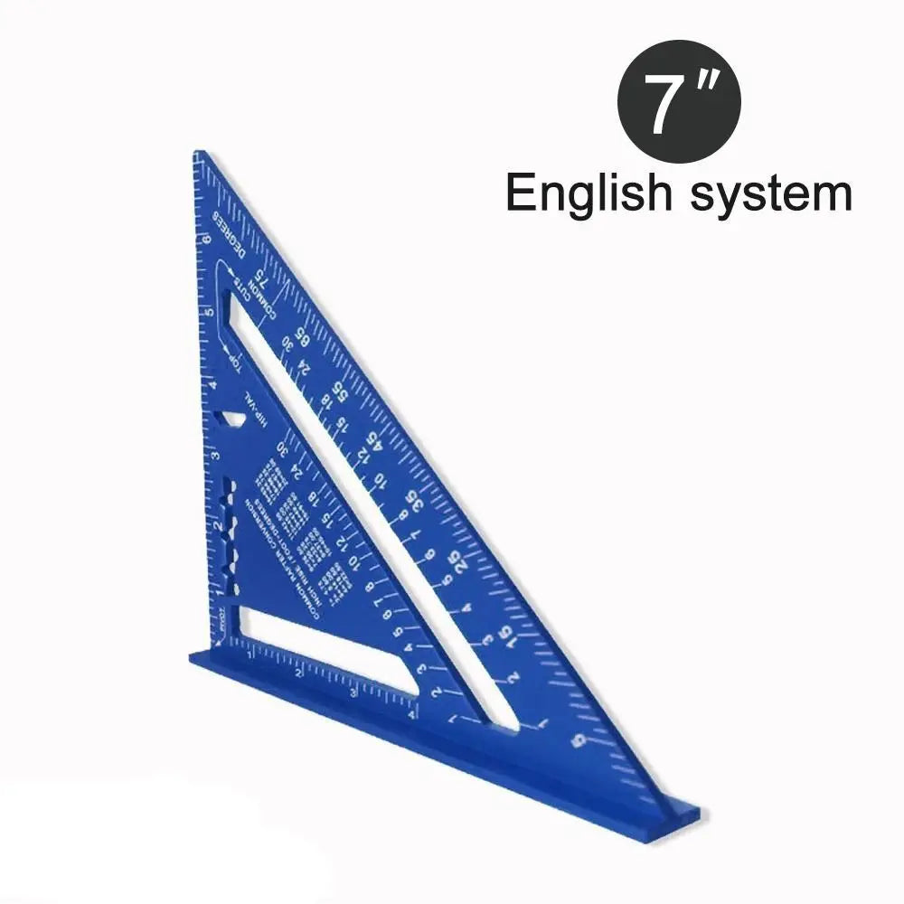 A blue 7-inch aluminum triangle ruler with markings for an English system.