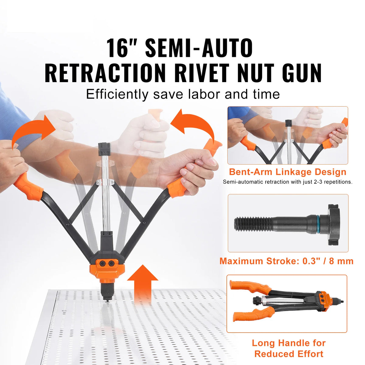 A close-up of a semi-auto retraction rivet nut gun with an orange handle and black body, demonstrating its use on a metal sur