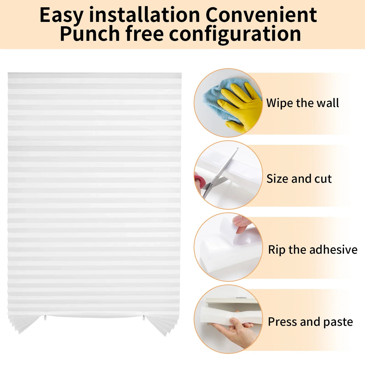 Step-by-step guide showing how to install pleated window blinds using a punch-free adhesive method