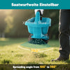 A person is using a blue cordless handheld spreader tool to spread seeds at a 140-degree angle on grass.