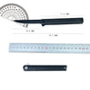 A black foldable utility knife with a dark wood handle and a metal blade, shown next to a ruler.