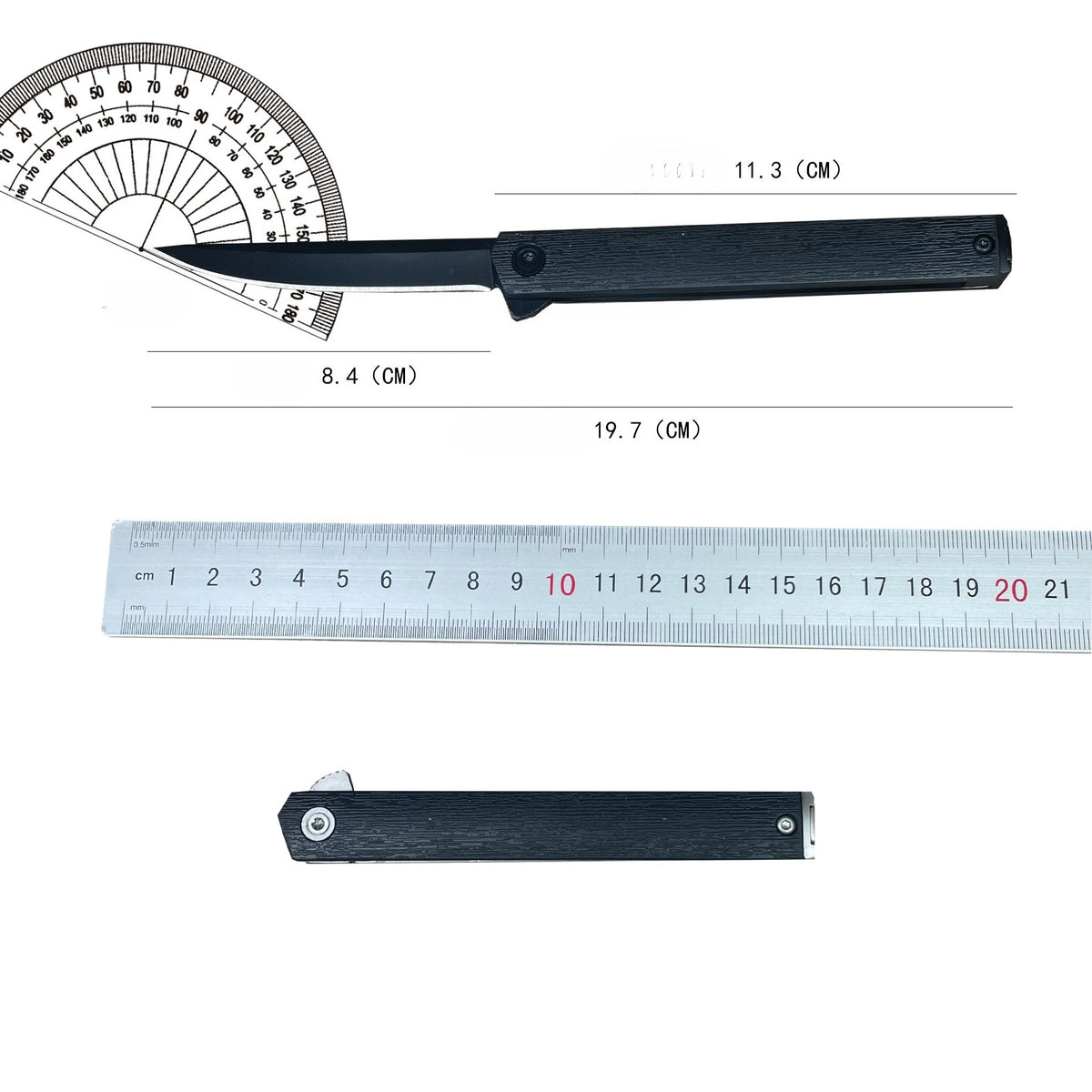 A black foldable utility knife with a dark wood handle and a metal blade, shown next to a ruler.