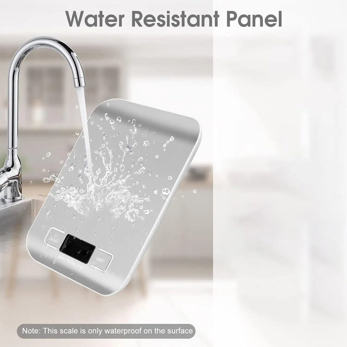 A silver water resistant panel kitchen scale is shown dripping water under a faucet.