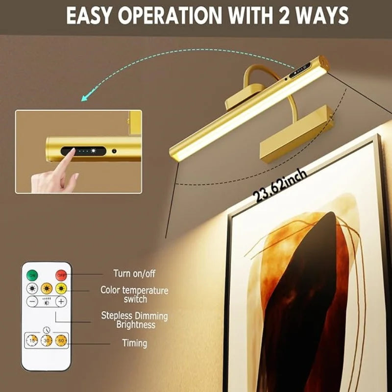 Wall mounted LED picture light shown with a remote control and various operation modes