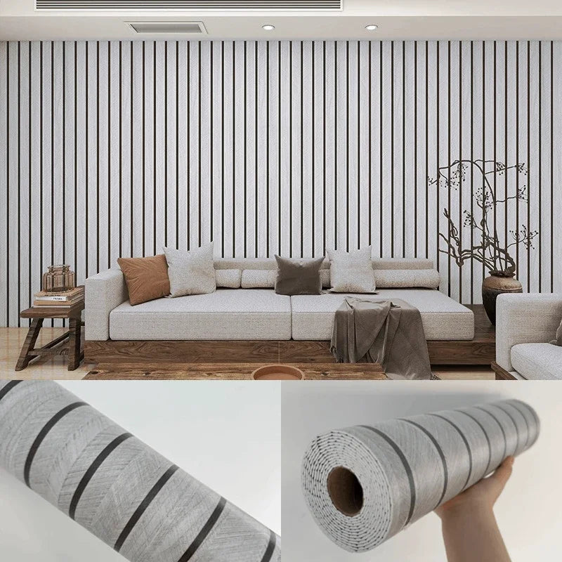 A close-up view of a cylindrical wood grain slat wall panel sticker in gray and white tones.