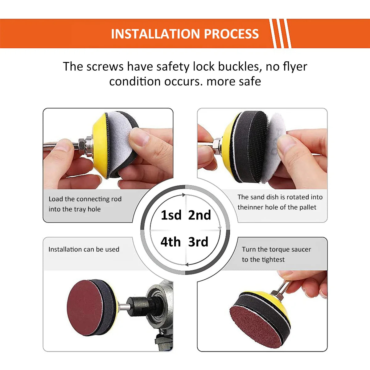 Installation process showing screws and sanding discs being loaded onto a rotary tool pallet.