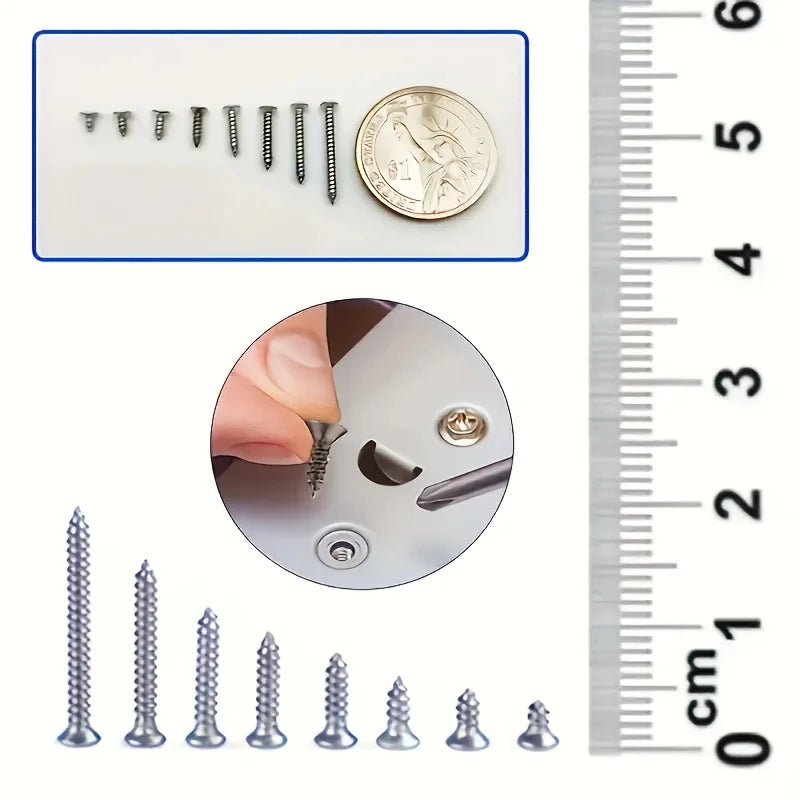 A collection of various self-tapping wood screws and related hardware, measured against a ruler.
