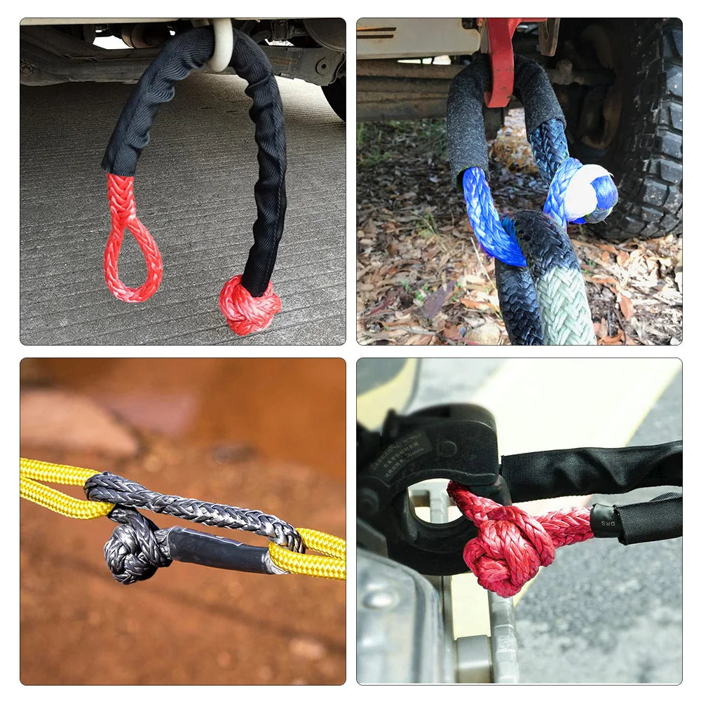 A set of heavy duty synthetic recovery shackles in red, blue, and black, shown in various contexts.
