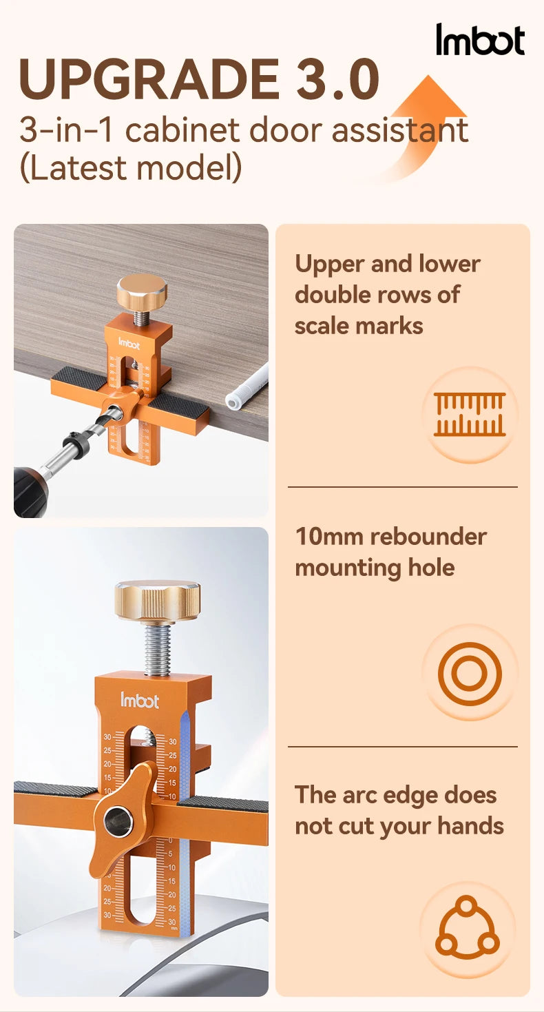 An Imbot Upgrade 3.0 cabinet door assistant tool with double rows of scale marks and a 10mm rebounder mounting hole.