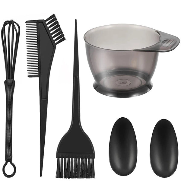 Set professioneller Haarfarbmischwerkzeuge mit Schneebesen, Kamm, Spachtel und Silikon-Schüsseln und Pinseln