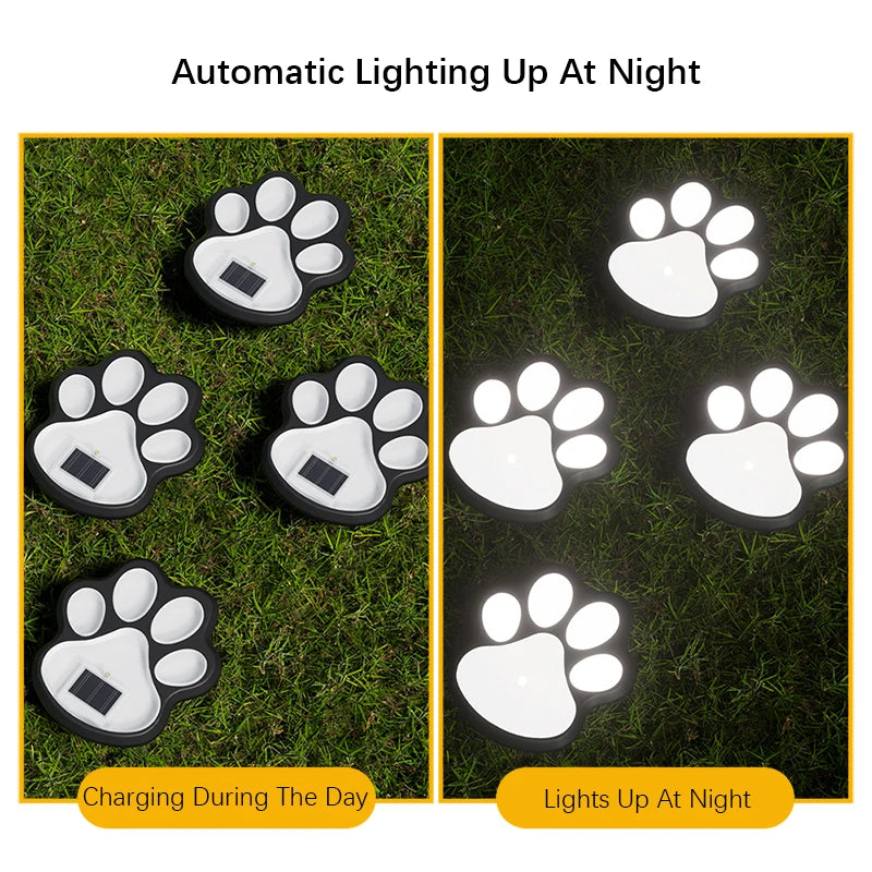 Four paw print pathway lights shown in two modes: charging during the day and illuminating at night.