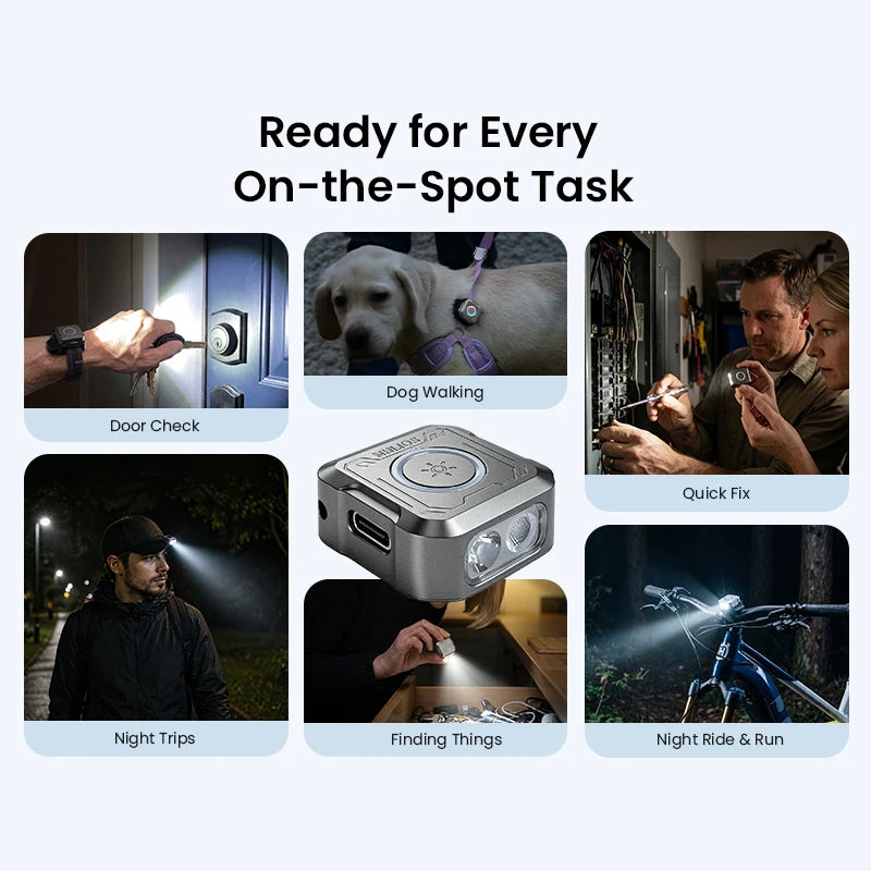Collection d'images montrant la lampe de poche Pocket EDC avec anneau de signal RGB utilisée pour diverses tâches sur le terr