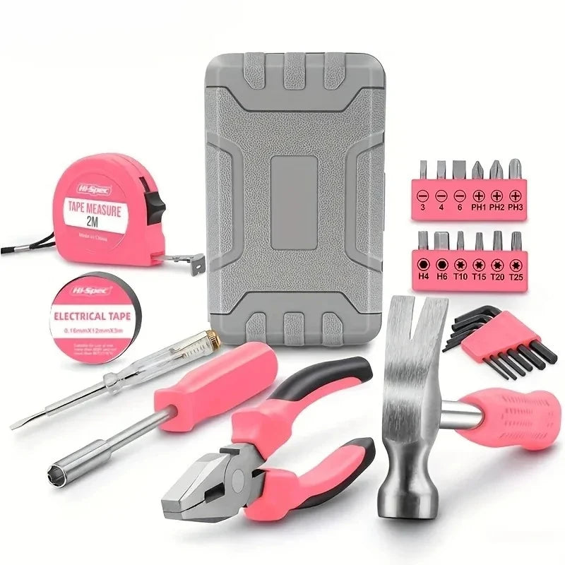 A multi-functional repair toolbox set featuring a gray case, various tools like a tape measure, pliers, and a screwdriver.