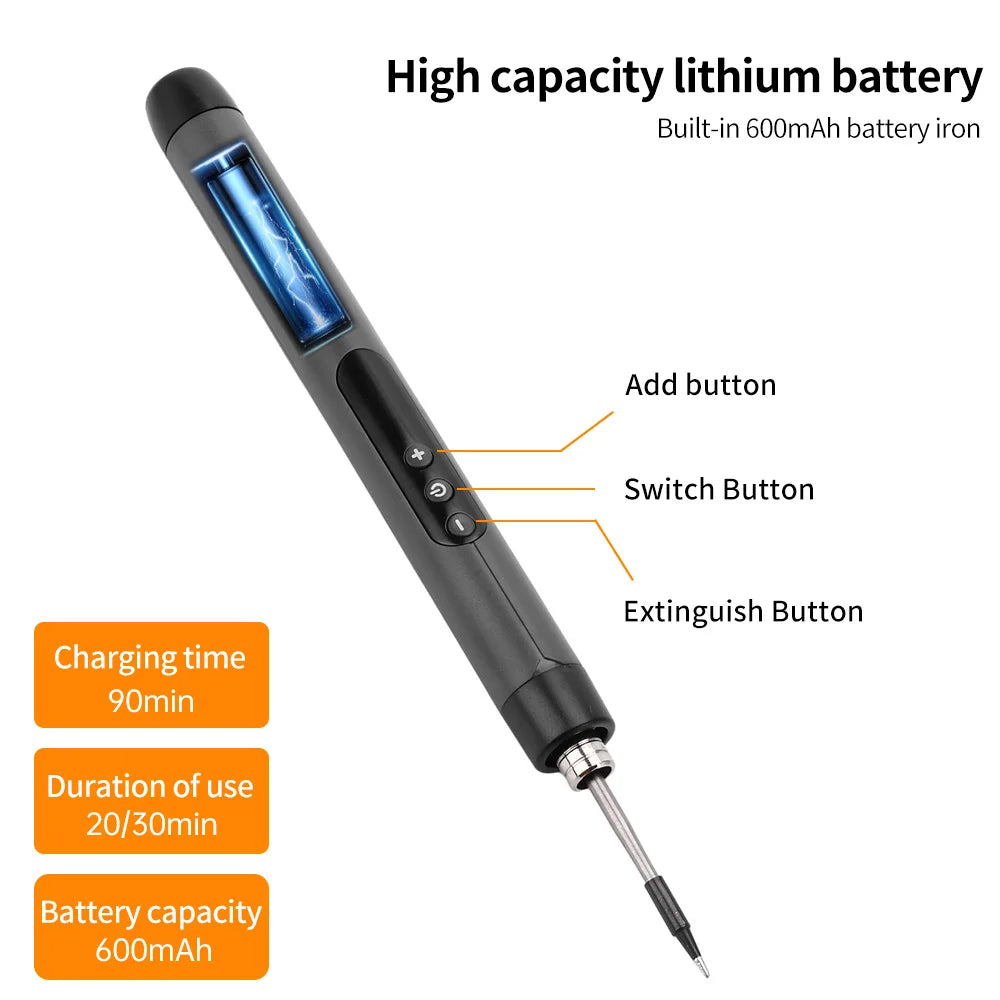 Black digital soldering iron with a built-in 600mAh lithium battery and various buttons