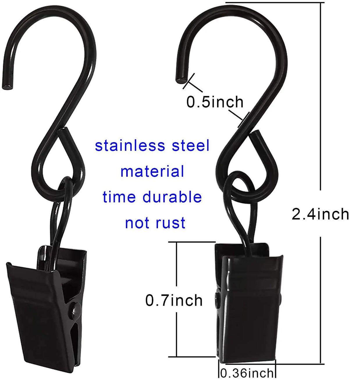 Black stainless steel curtain clips with adjustable size and black plastic mounting bracket
