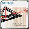 A hand uses a precision aluminum angle measuring ruler to measure an angle on a wooden surface.