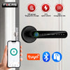 A black smart fingerprint door lock handle is installed on a white door, with a smartphone displaying the SmartLock app nearb
